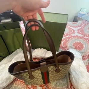Gucci Brown Tote Bag with Green and Red Stripes
